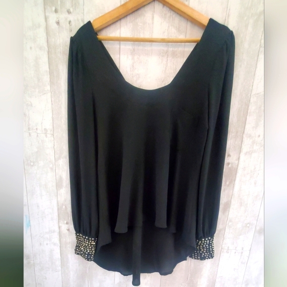 💚5/$25 Very J Black Semi Sheer Blouse Embellished Cuff Long Sleeves Size Small - Picture 1 of 6